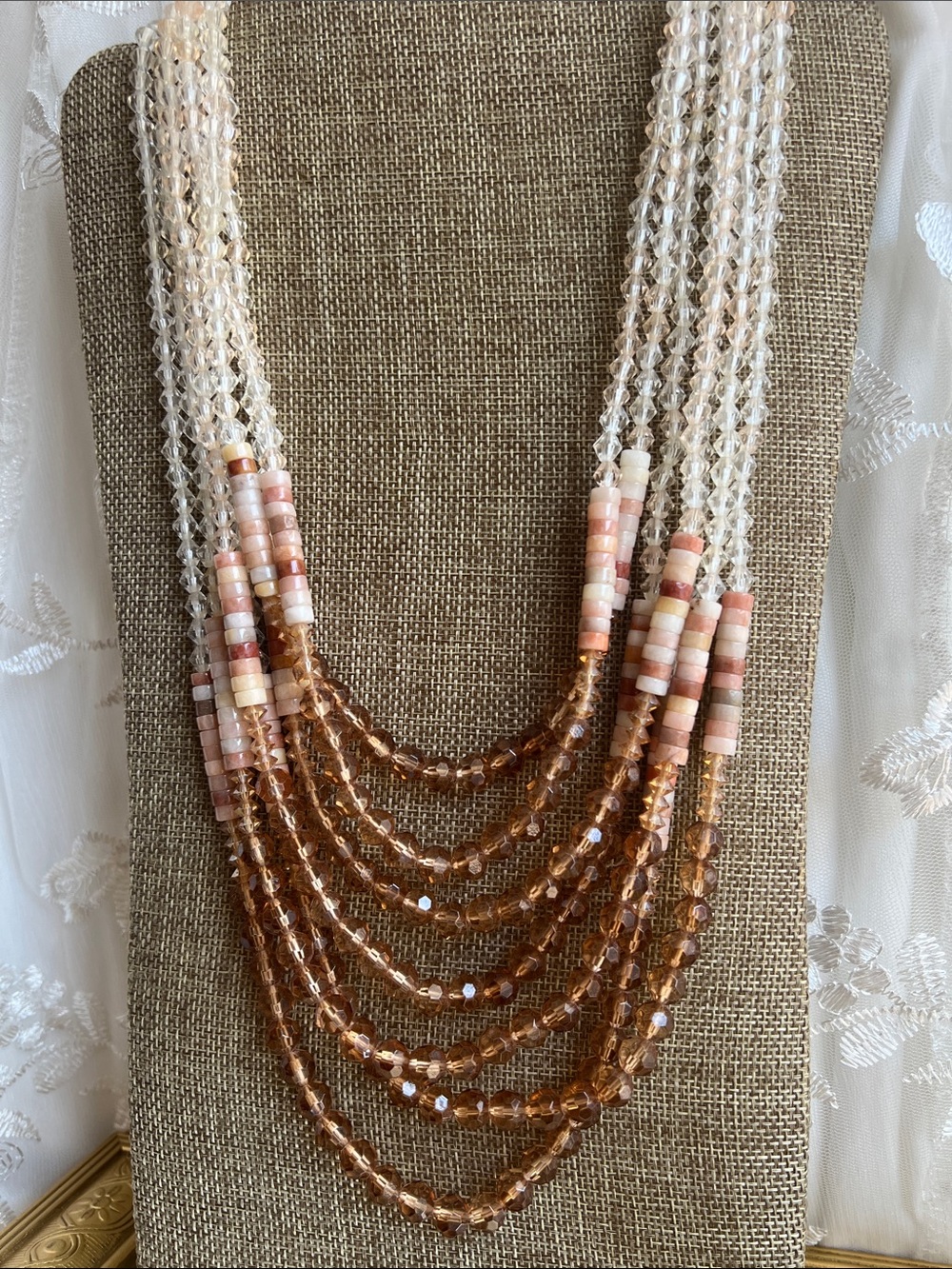 Multi-Strand Crystal and Bead Necklace in Peach and Clear